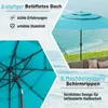 A split image showing a turquoise patio umbrella from different angles, with a beach scene in the background. Podgląd zdjęcia produktu