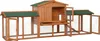 A wooden rabbit hutch with a green roof, featuring multiple compartments and doors. Produktbild-Vorschau