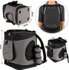 A collage of images showing a pet backpack, its dimensions, and how it is worn. Produktbild-Vorschau