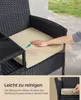 A hand pressing down on a cushion of an outdoor chair, with text indicating ease of cleaning. Produktbild-Vorschau