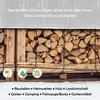 A tarp covering a stack of firewood in a snowy environment, with icons and text highlighting its uses and benefits. Produktbild-Vorschau