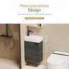 A compact bathroom vanity with a sink and faucet, shown next to a toilet, with text overlays highlighting its space-saving design. Voir les images du produit
