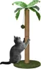 A gray cat is scratching a tall, palm tree-shaped cat scratching post with a dangling toy. Podgląd zdjęcia produktu