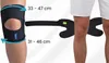 A person's leg wearing a knee brace, with measurements indicated. Produktbild-Vorschau