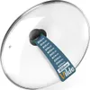 A glass lid for a pot or pan is shown from a slightly elevated angle against a white background. A blue tag with size measurements and the brand name is attached to the handle. Podgląd zdjęcia produktu