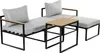An outdoor lounge set with a two-seater sofa, an ottoman, and a small coffee table, all on a white background. Produktbild-Vorschau