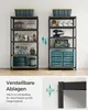 Two shelving units are shown side-by-side, displaying various tools and storage bins. A close-up inset shows a measurement detail. Produktbild-Vorschau