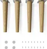 Four wooden furniture legs with metal mounting plates are displayed on a white background, along with felt pads and screws. Produktbild-Vorschau