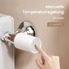 A hand is shown adjusting a white smart thermostat attached to a radiator, with text overlays describing its features. Produktbild-Vorschau