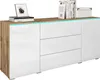 A modern sideboard with a wood-effect top and white gloss fronts, featuring three drawers and a cabinet door. It has subtle LED lighting along the top edge. Produktbild-Vorschau