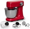 A red stand mixer with its accessories displayed in front of it, on a white background. Produktbild-Vorschau