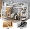 A loft bed with integrated storage and a sofa underneath, shown in a room setting with additional material samples at the bottom. Podgląd zdjęcia produktu