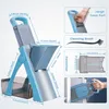 A blue and gray vegetable slicer with various dimensions and features highlighted. Voir les images du produit