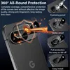 A close-up of a smartphone camera lens protector with illustrative graphics showing its protective features. Produktbild-Vorschau