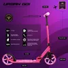 A pink foldable commuter scooter with various features highlighted by text and icons. Voir les images du produit