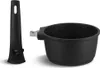 A black cooking pot with a speckled interior and a detachable black handle are shown against a white background. Produktbild-Vorschau