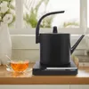 A black electric kettle is shown on its base next to a cup of tea with lemon slices. Podgląd zdjęcia produktu