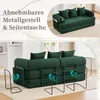 A green sofa is shown in two different configurations, with text overlays highlighting its features. Produktbild-Vorschau