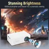A white mini-projector is shown in the foreground, with a futuristic, space-themed image projected behind it. The projector's lens is highlighted with a graphic showing its components. Produktbild-Vorschau