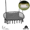 A dark gray hanging chair with a cushion, shown outdoors in a small inset image, and with dimensions and weight limit indicated. Produktbild-Vorschau