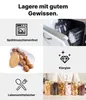 A collage of images showcasing the features of storage jars, including dishwasher safety, clarity, and food safety. Produktbild-Vorschau