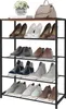 A multi-tiered shoe rack filled with various shoes, with a purse and decorative items on the top shelf. Produktbild-Vorschau