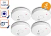 A set of four white smoke detectors arranged in a grid on a white background, with informational icons on the left and a '4 PACK' label in the top right. Produktbild-Vorschau