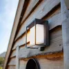 A modern outdoor LED light fixture mounted on a wooden wall. Anteprima dell’immagine prodotto
