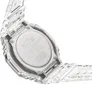 Close-up view of the back of a transparent Casio G-Shock watch, showing the case back with inscriptions. Produktbild-Vorschau