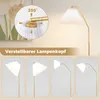 A floor lamp with a pleated shade and a gold-colored arm, shown with a close-up of its adjustable head and four different angles of the lamp head. Podgląd zdjęcia produktu