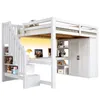 A white loft bed with a desk, shelves, and a wardrobe underneath, shown from a slightly elevated side angle. Produktbild-Vorschau