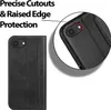 A black flip case for a smartphone is shown, with a close-up inset highlighting its features. Produktbild-Vorschau