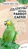 A parrot is shown in front of a pile of small white pellets, with text overlay advertising parrot food. Náhled obrázku produktu