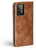 A close-up side view of a brown leather flip case for a smartphone, showing the camera module. Produktbild-Vorschau