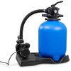 A blue sand filter with a black pump and hose, set against a white background. Produktbild-Vorschau