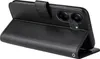 A black flip case for a smartphone is shown open, revealing the inside of the case and the back of a smartphone with its camera lenses. Produktbild-Vorschau