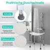 A shower bench in a bathroom with water running from the shower head. Voir les images du produit