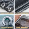 A collage of four close-up images showcasing the features of a PVC tarp. Náhled obrázku produktu