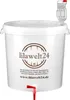 A white fermentation bucket with a tap and airlock, featuring a logo and website address. Produktbild-Vorschau