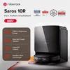 A black robot vacuum cleaner and its charging dock are shown, with text and icons highlighting its features. Produktbild-Vorschau