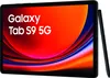 A Samsung Galaxy Tab S9 5G tablet with a stylus is displayed against a dark background with a vibrant, abstract wallpaper on the screen. Produktbild-Vorschau