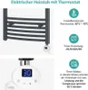A product image showing a towel warmer and its features with text descriptions and icons. Náhľad obrázku produktu