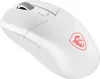 A white wireless gaming mouse with a red MSI logo. Produktbild-Vorschau