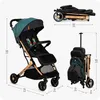 A collage showing a stroller in its open and folded states, with dimensions indicated. Produktbild-Vorschau