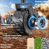 Close-up of a large, rugged wheel with a bearing, set against a dusty, outdoor background with samples of sand, grass, and gravel. Produktbild-Vorschau