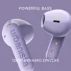 Close-up marketing image of two purple wireless earbuds against a light purple background. Náhled obrázku produktu
