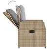 A side view of a beige poly rattan chair with gray cushions, showing the reclining mechanism. Produktbild-Vorschau