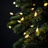 Close-up of clear string lights on a dark green Christmas tree. Voir les images du produit
