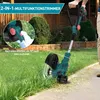 A person is using a cordless grass trimmer to edge a lawn next to a paved walkway, with a house and bushes in the background. Produktbild-Vorschau