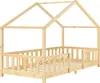 A wooden bed frame with a house-like roof structure and safety rails. Náhled obrázku produktu